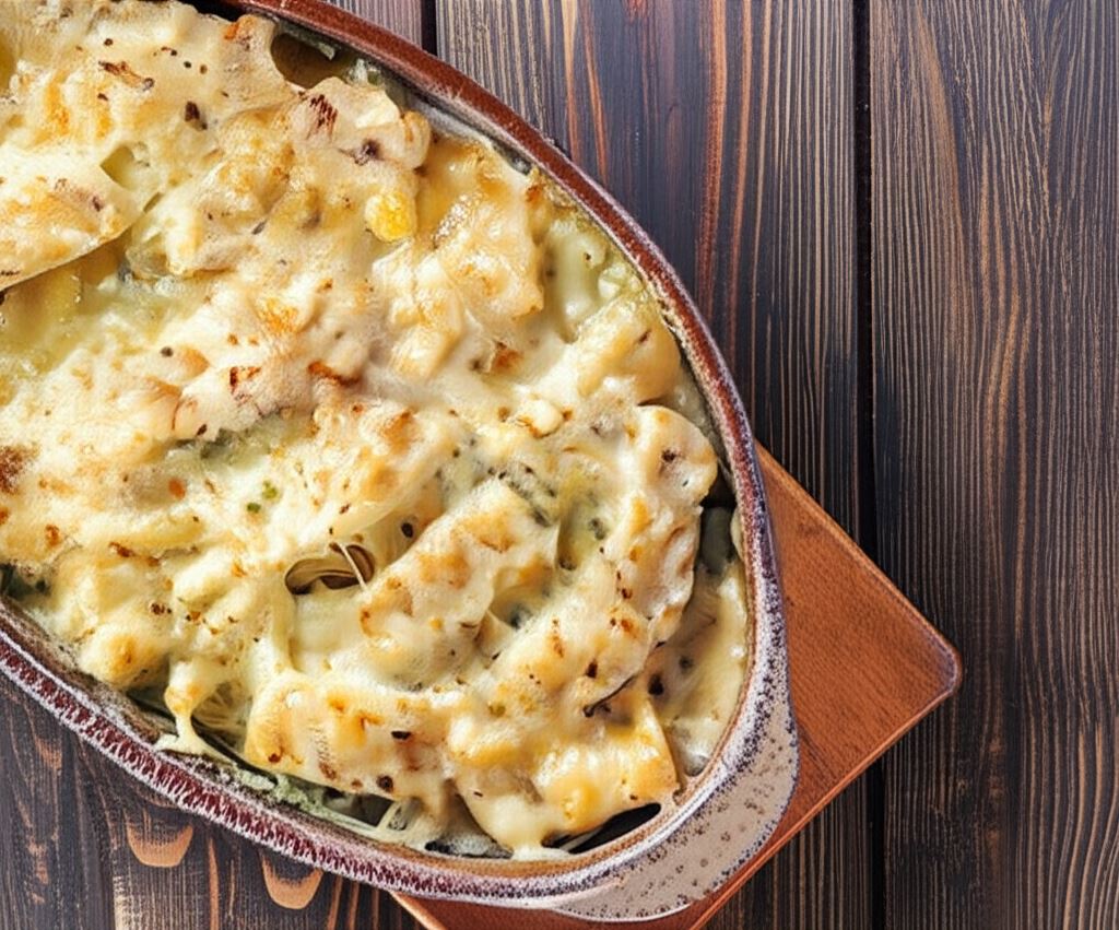 Miruna zapiekana w sosie serowym z ziemniakami