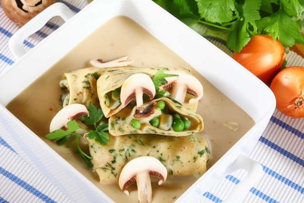 Naleśniki z pieczarkami i zielonym groszkiem