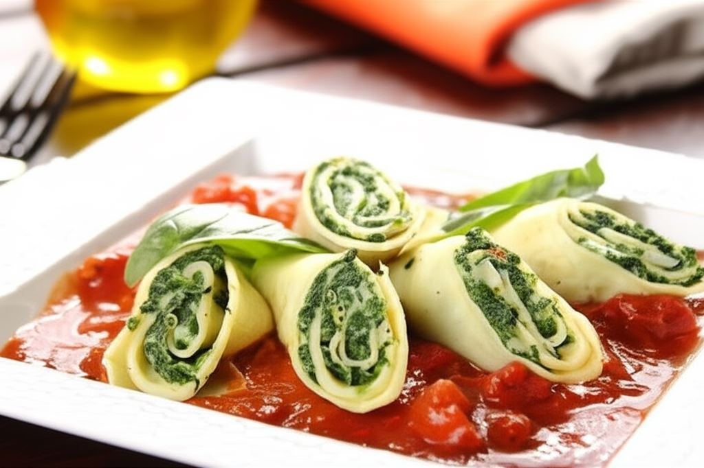 Naleśniki ze szpinakiem i serem na sosie pomidorowym