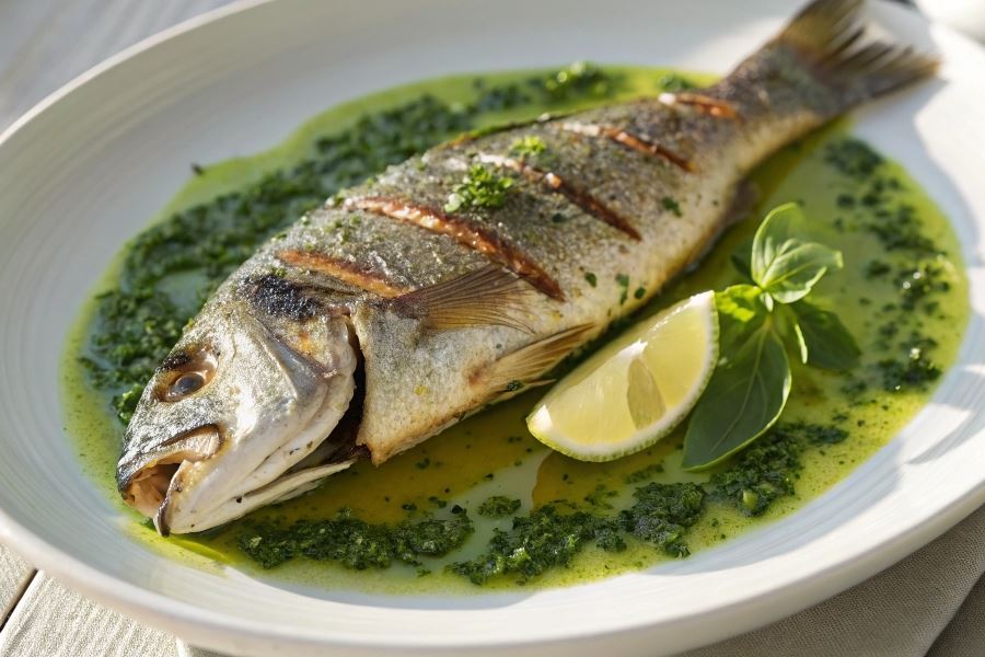 Okoń morski w ostrym pistou