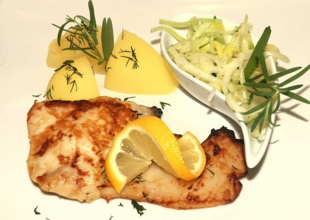 Okoń nilowy cytrynowo-koperkowy z lekką surówką z pora z jabłkiem