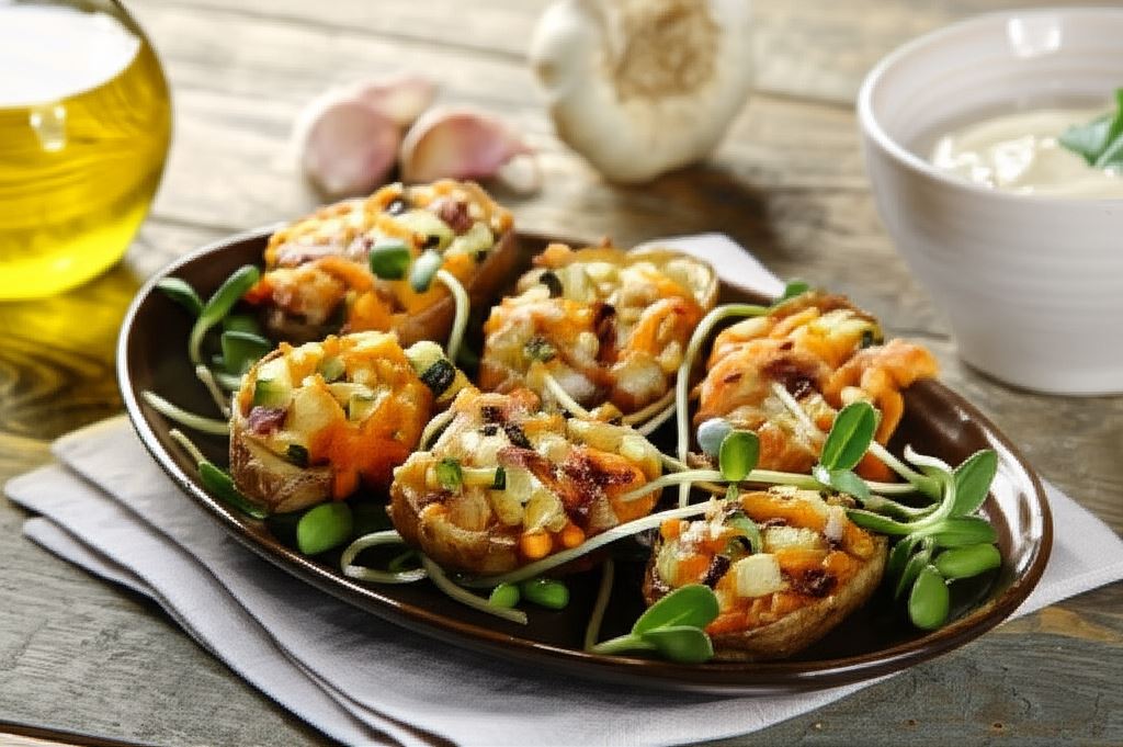 Opiekane łódeczki ziemniaczane z wędzonym łososiem