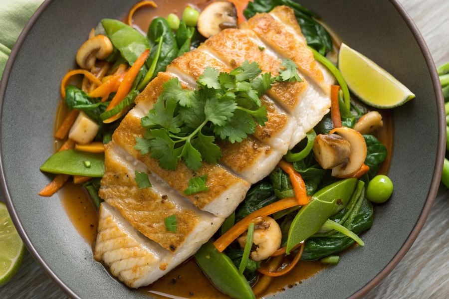 Orientalna ryba z kasztanami wodnymi i bok choy