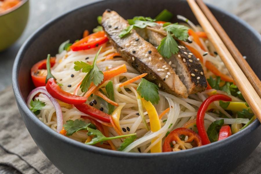 Orientalna sałata z makaronem ryżowym i wędzoną makrelą