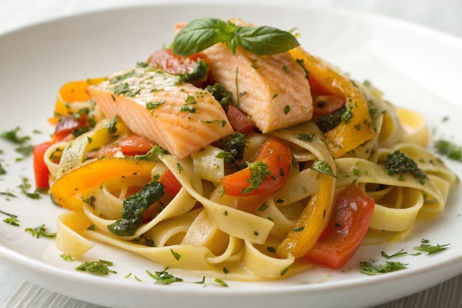Paprykowe tagliatelle z bazyliowym łososiem