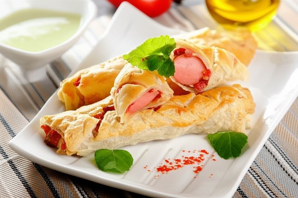 Parówki w cieście francuskim z salami i papryką