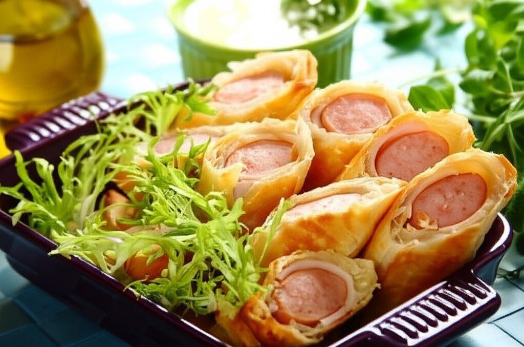 Parówki w cieście francuskim z sosem serowym