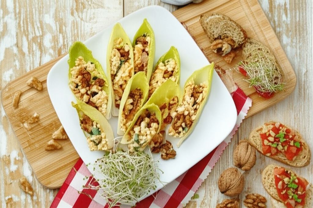 Pasta jajeczna w cykorii z grzankami pomidorowymi