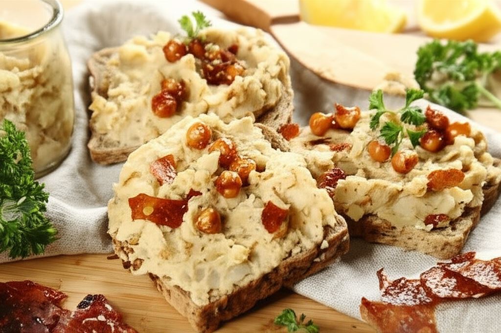 Pełnoziarniste kanapki z wegańskim smalcem z cieciorki