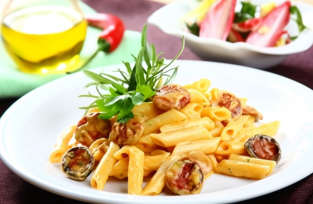 Penne carbonara z kiełbasą i włoską sałatką
