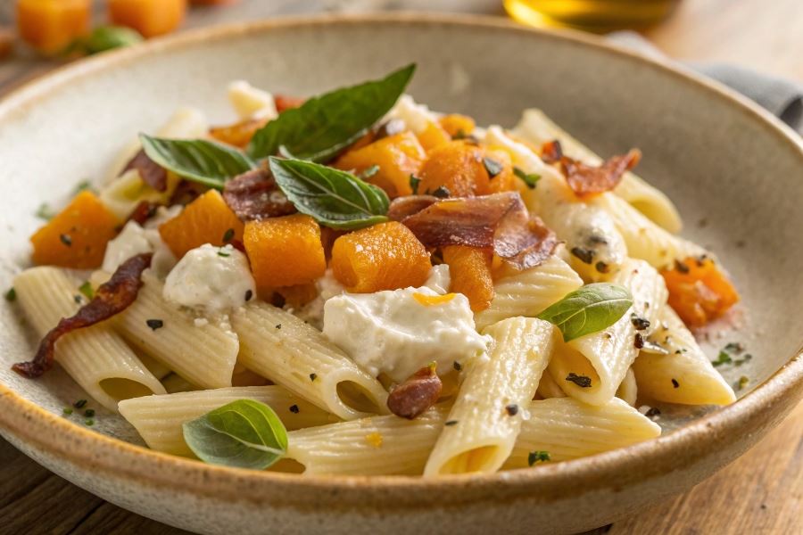 Penne z dynią i szynką prosciutto