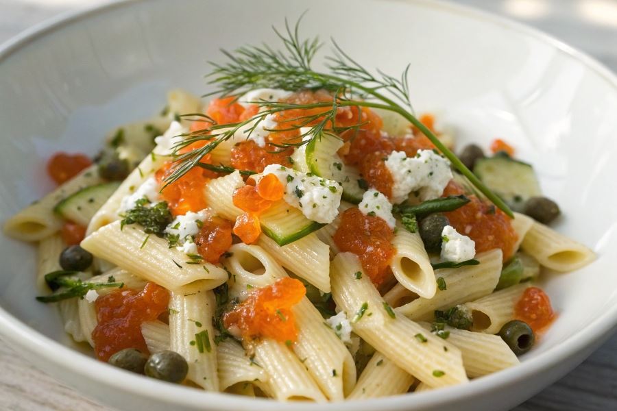 Penne z kawiorem z łososia