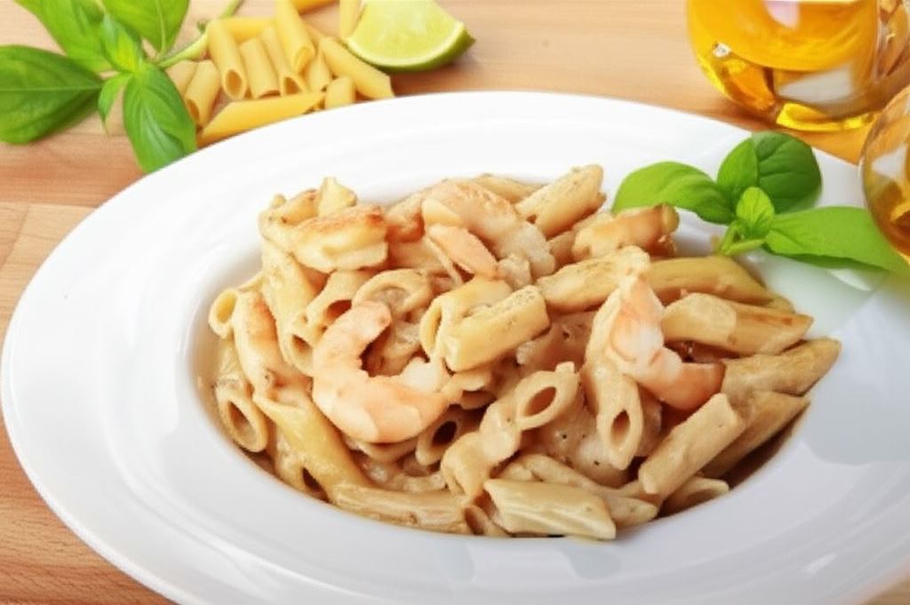 Penne z krewetkami w sosie cebulowym