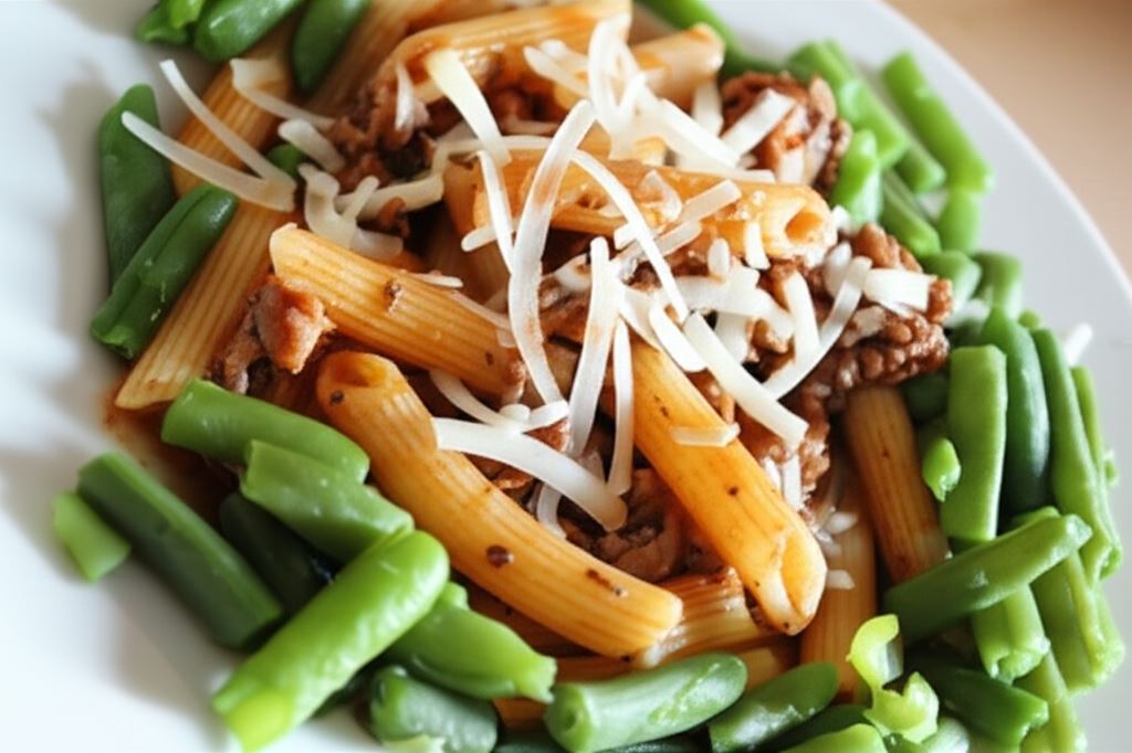 Penne z mięsem i zieloną fasolką
