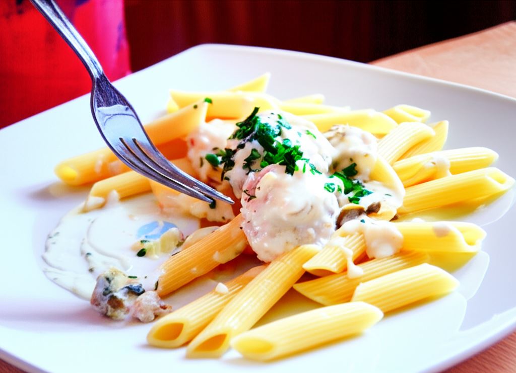 Penne z pulpetami w białym sosie