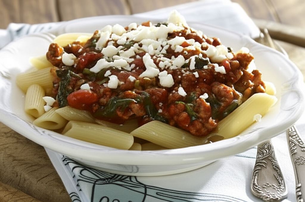 Penne ze szpinakiem i fetą