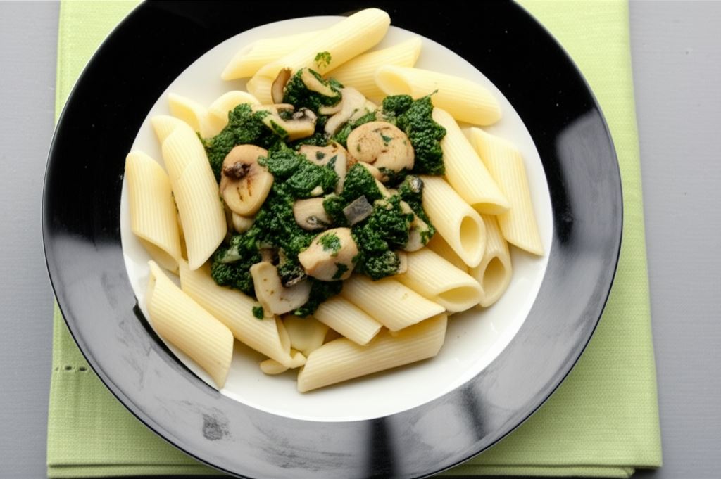 Penne ze szpinakiem i pieczarkami