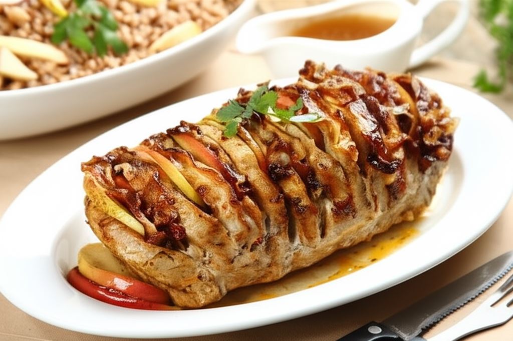 Pieczeń ze schabu w glazurze z dżemu morelowego z cebulą i jabłkiem