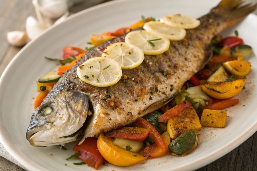 Pieczona miruna z czosnkiem na warzywach