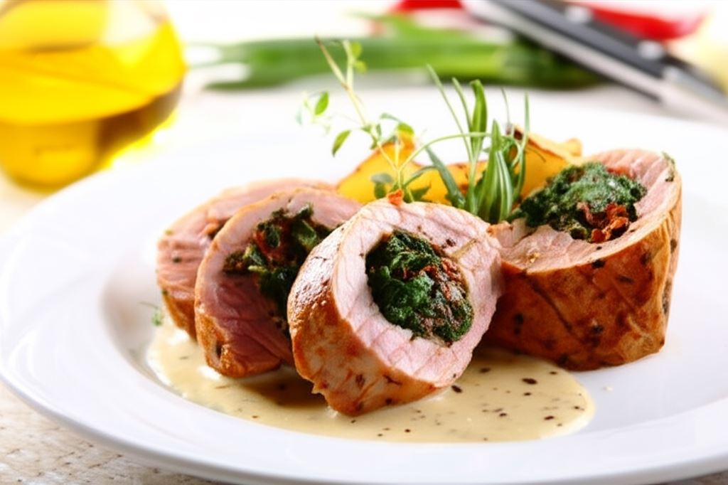Pieczone faszerowane polędwiczki wieprzowe suszonymi pomidorami i szpinakiem