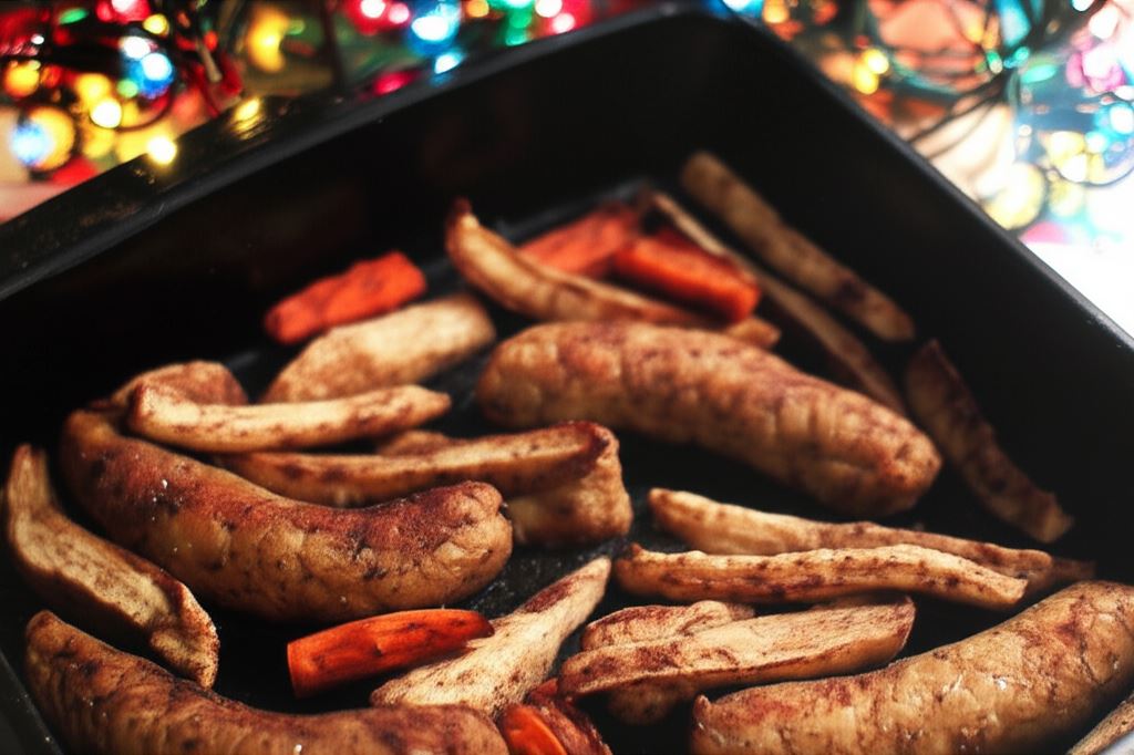 Pieczone kiełbaski z warzywami w przyprawach korzennych