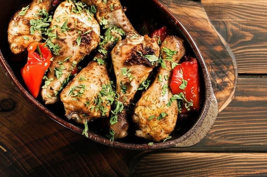Pieczone podudzia z kurczaka z bakłażanem i czerwoną papryką