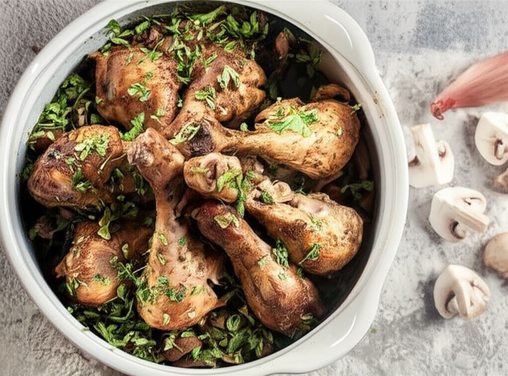 Pieczone podudzia z pieczarkami i szalotką