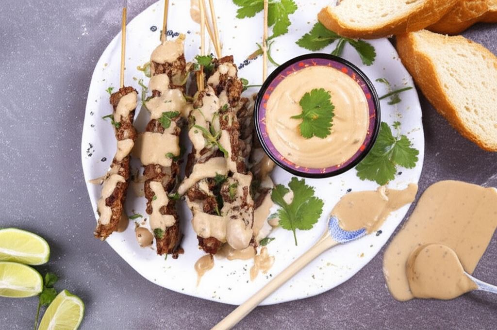 Pieczone sataye wołowe z orzechowym sosem