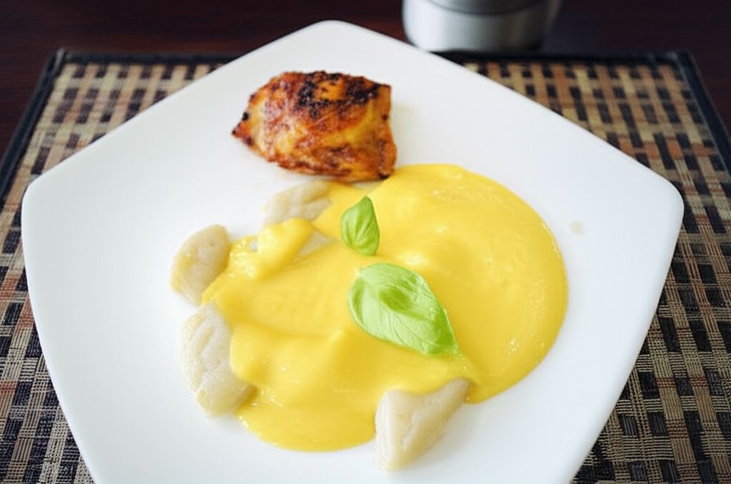 Pieczony kurczak z kopytkami w sosie brzoskwiniowym