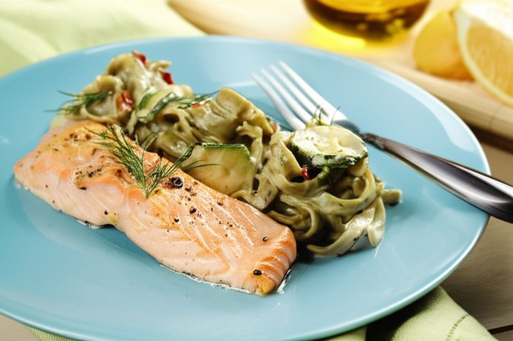 Pieczony łosoś na tagliatelle