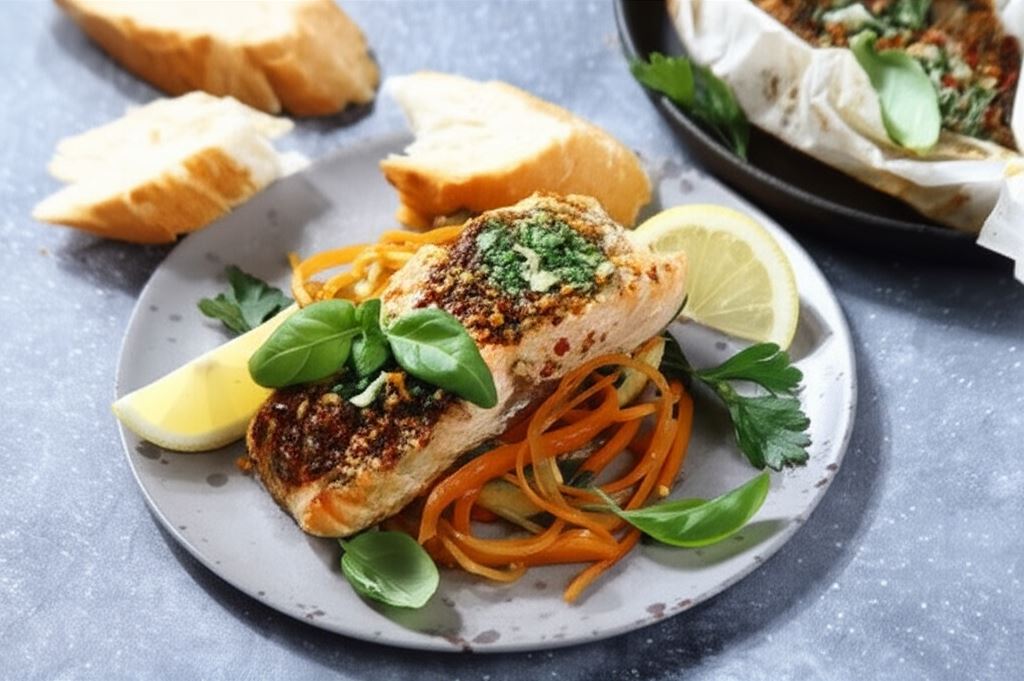 Pieczony łosoś w papilotach z warzywami i nutą wędzonki