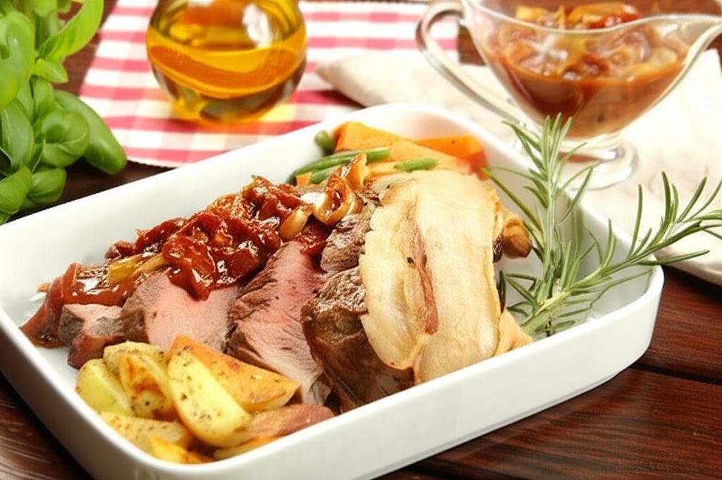 Pieczony rostbef z sosem cebulowym