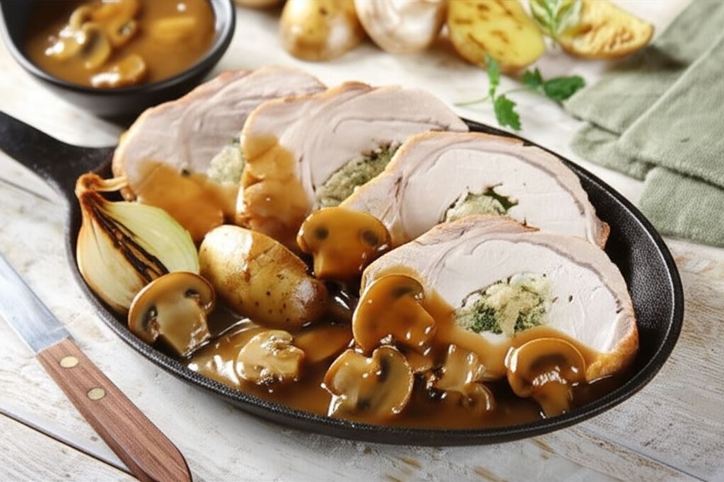 Pieczony schab z ziołowym nadzieniem i sosem pieczarkowym