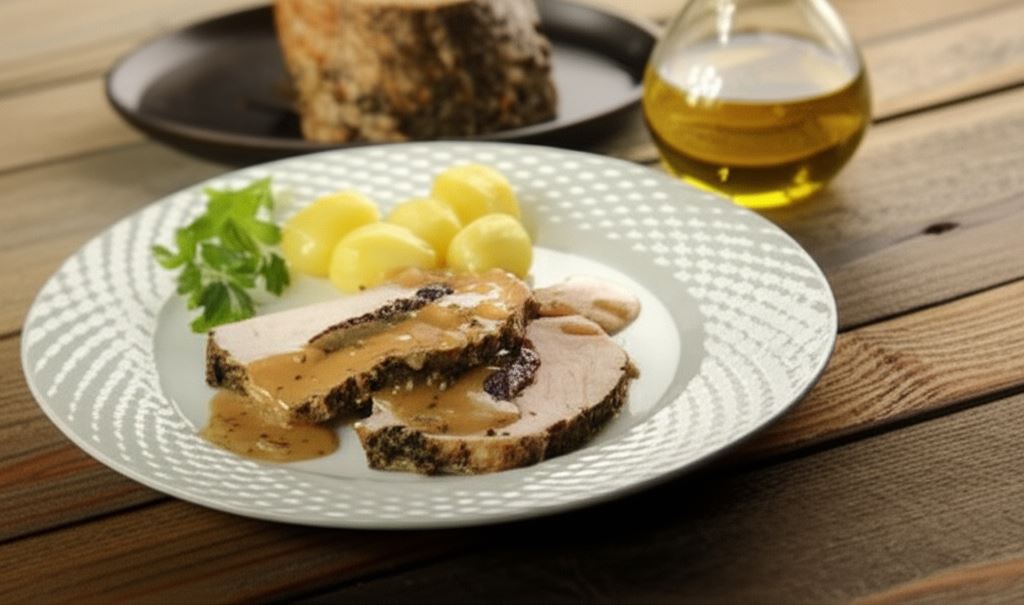 Pieczony schab ze śliwką w sosie majerankowym