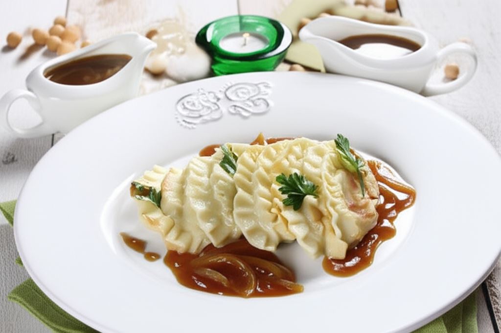 Pierogi z ciecierzycą i sosem cebulowym