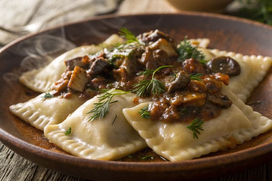 Pierogi z grzybami polane mięsnym sosem