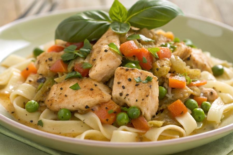 Pierś kurczaka w warzywach z makaronem