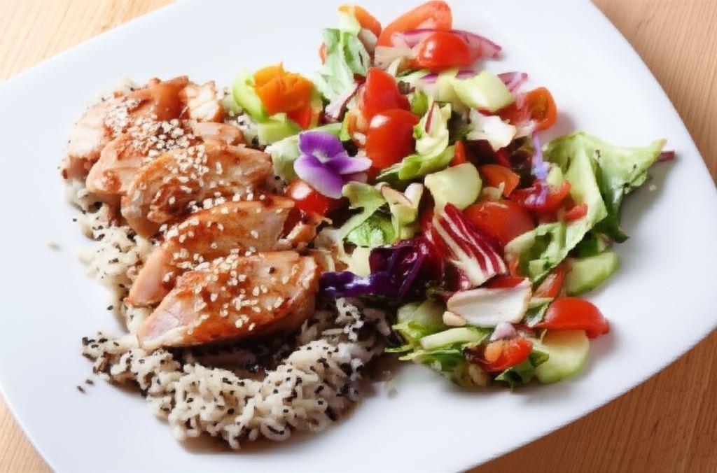 Piersi z kurczaka w glazurze z ryżem jaśminowym oraz sałatą