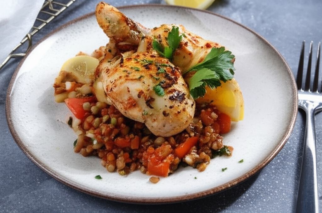 Pikantne udka z kurczaka z cytryna na warzywnym gulaszu z soczewicy