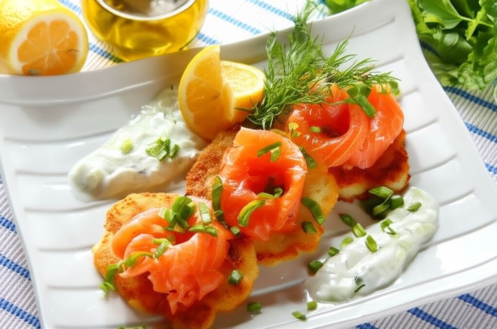 Placki z sosem tzatziki i wędzonym łososiem