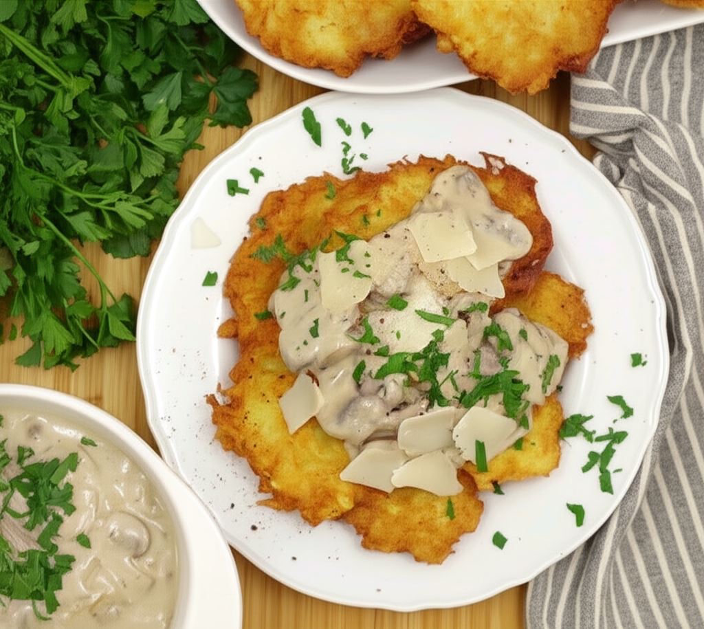 Placki ziemniaczane z sosem pieczarkowym