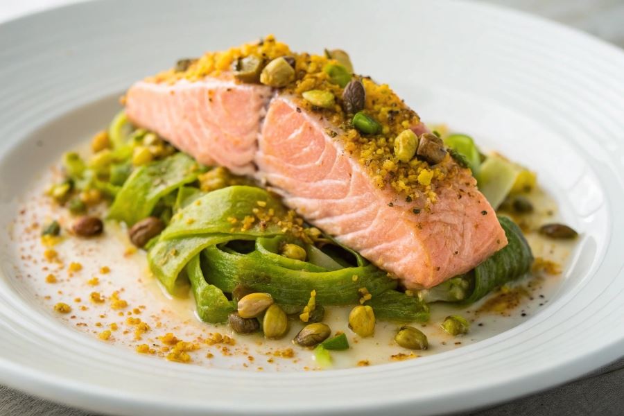 Pokruszony łosoś na topionych porach pachnący pistacjami