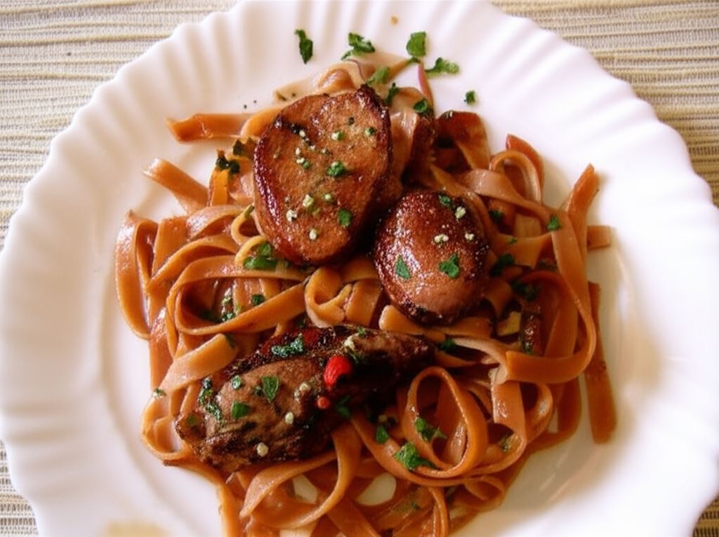 Polędwiczki cielęce w zielonym pieprzu na makaronie razowym