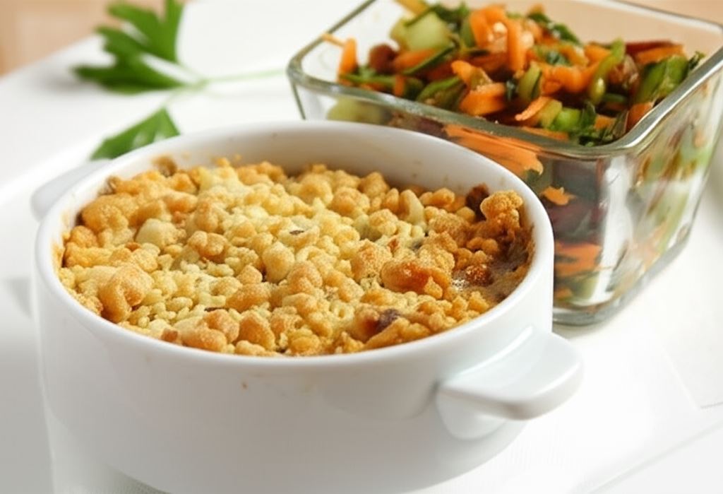 Polędwiczki pod kruszonką carbonara z surówką z selera naciowego