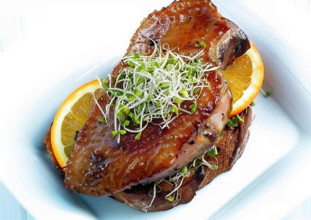 Pomarańczowe piersi z kaczki na grzance z kiełkami