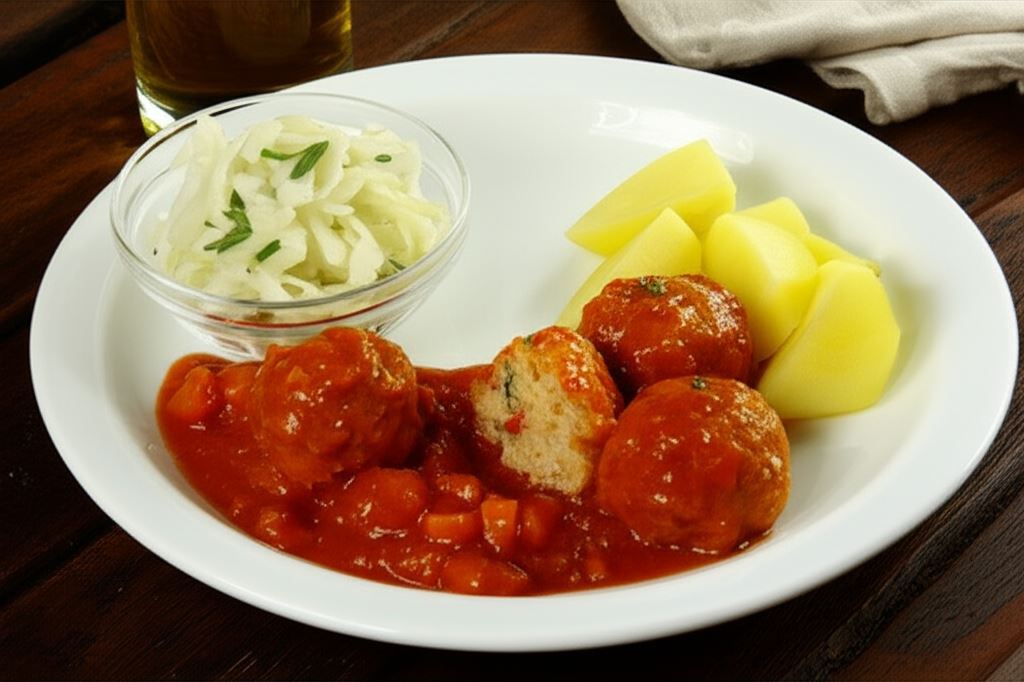 Pulpety z dorsza z ziemniakami i surówką z białej kapusty