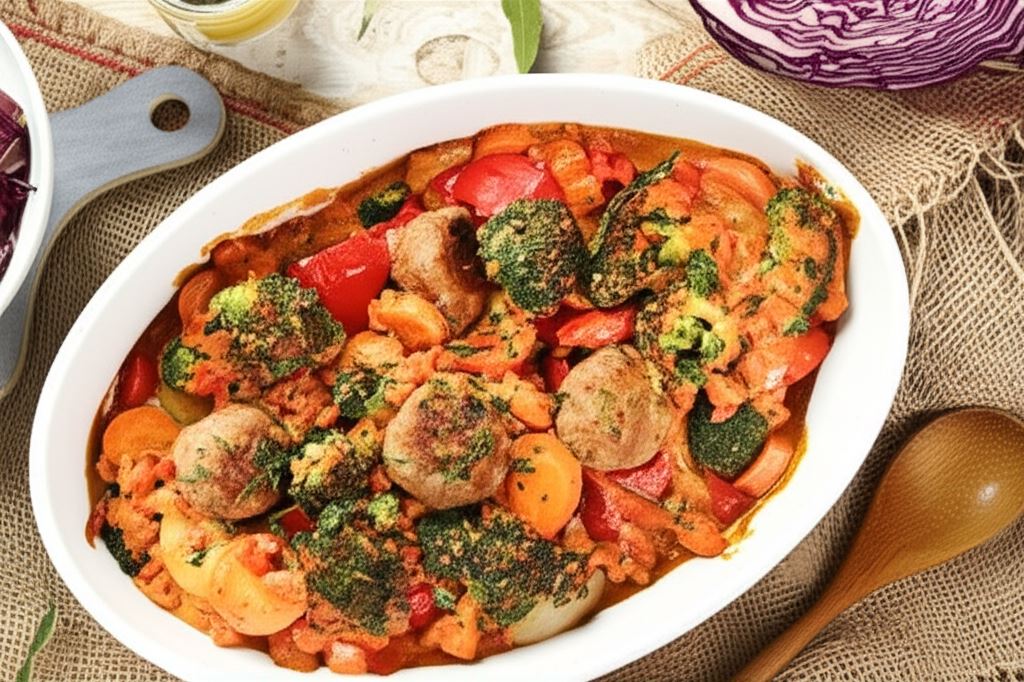 Pulpety zapiekane z warzywami i czerwoną surówką