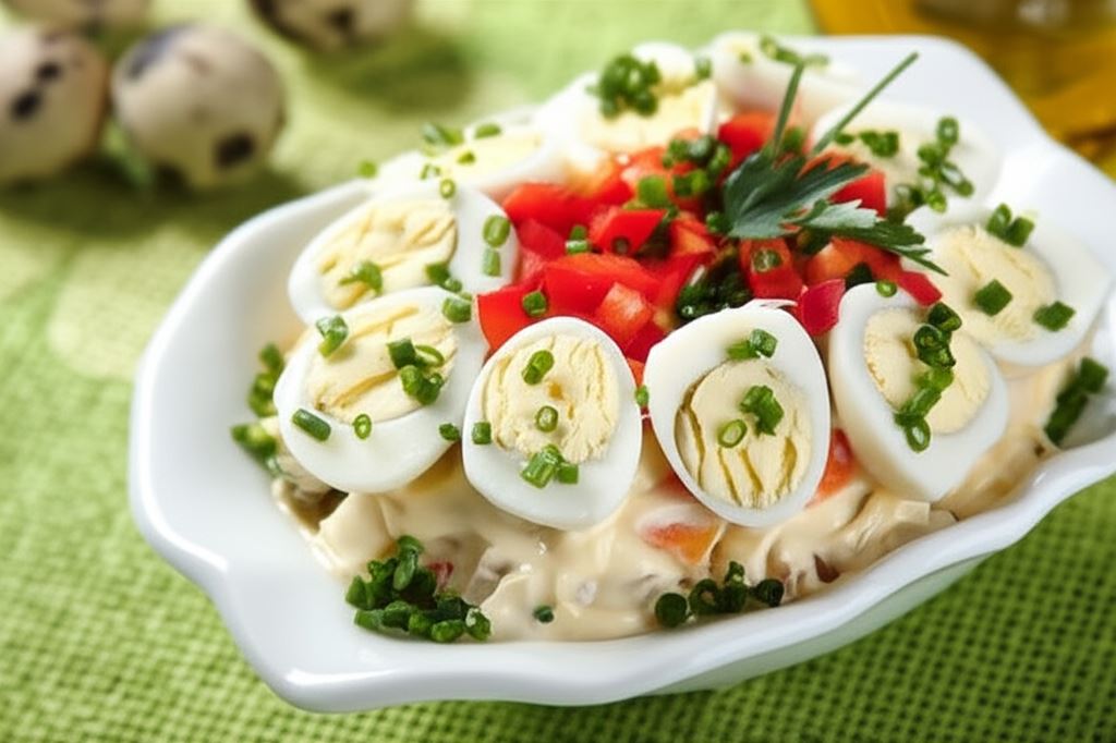 Pyszne jaja przepiórcze na sałatce jarzynowej