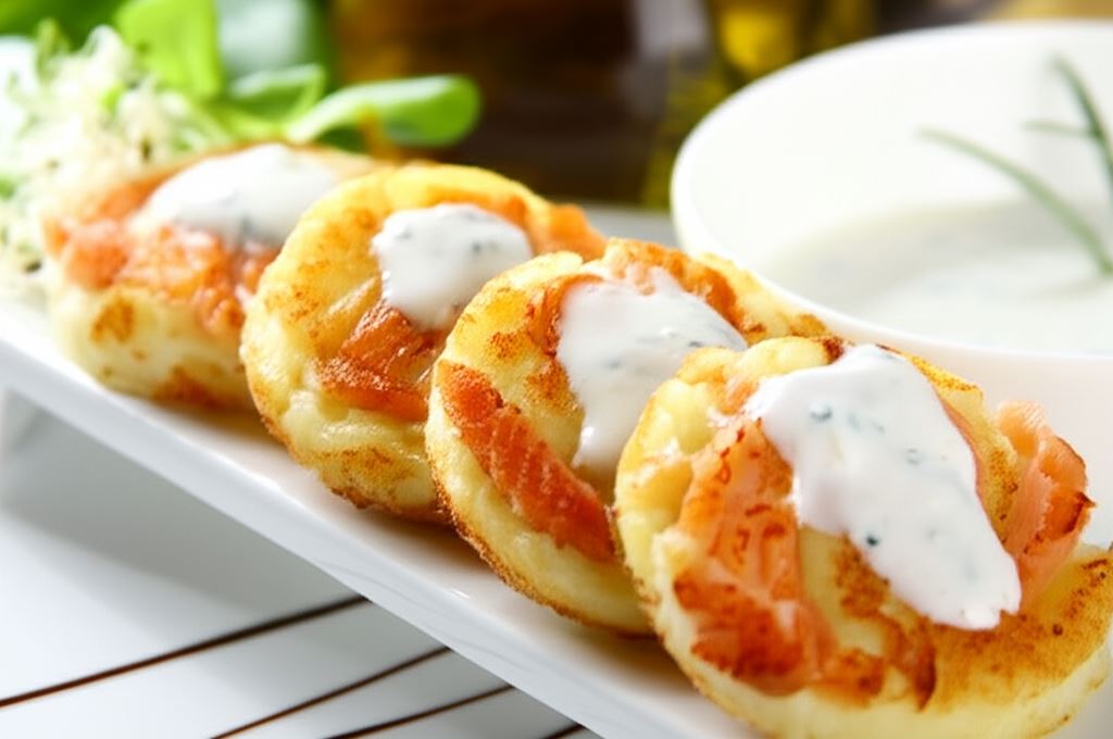 Racuszki ziemniaczane z łososiem wędzonym