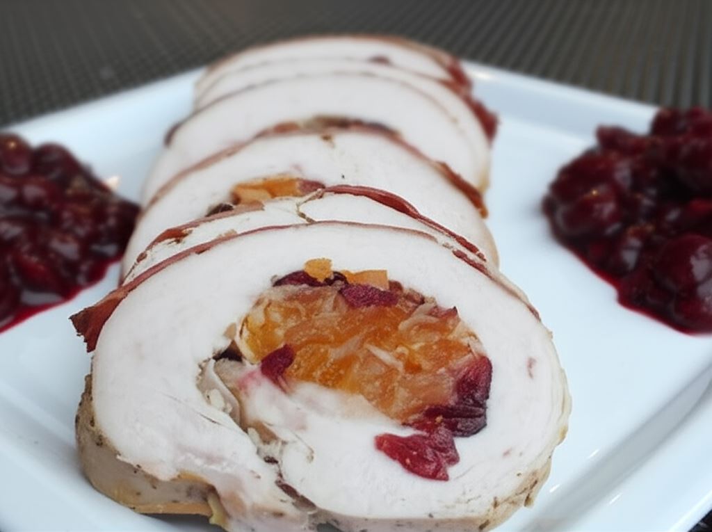 Rolada z indyka w szynce parmeńskiej z sosem wiśniowym